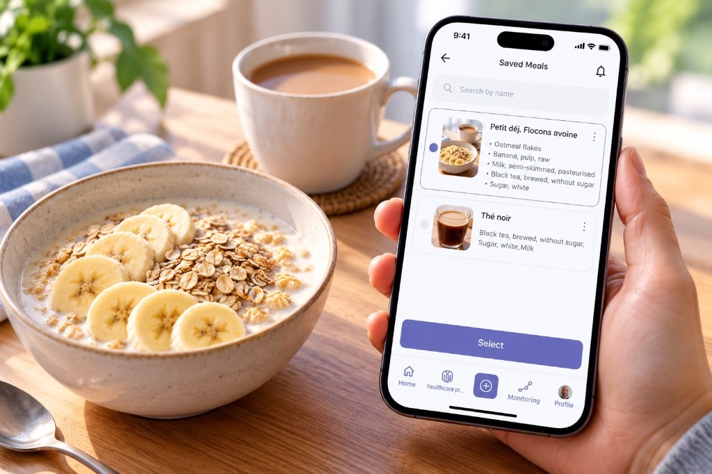 Saved breakfast meals on a phone beside a bowl of oatmeal and banana