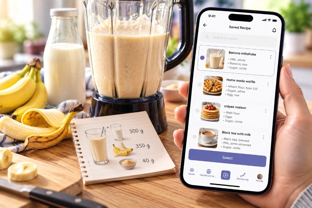 Saved recipes on a phone beside a blender and a handwritten recipe