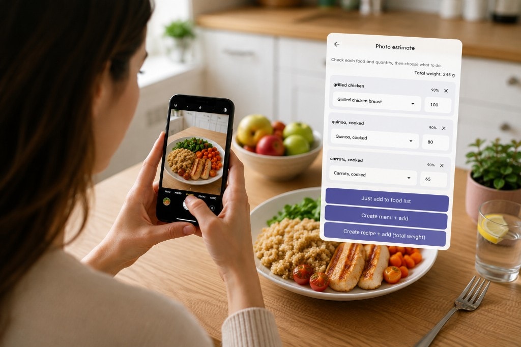 Smartphone photographing a meal to estimate food composition and quantities